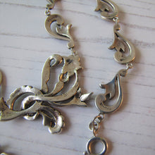 Cargar imagen en el visor de la galería, Antique Art Deco Sterling Silver & Marcasite Necklace. Art Nouveau Floral Ribbon Short Choker Necklace.