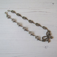 Cargar imagen en el visor de la galería, Antique Art Deco Sterling Silver & Marcasite Necklace. Art Nouveau Floral Ribbon Short Choker Necklace.