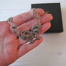 Cargar imagen en el visor de la galería, Antique Art Deco Sterling Silver & Marcasite Necklace. Art Nouveau Floral Ribbon Short Choker Necklace.