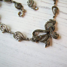 Cargar imagen en el visor de la galería, Antique Art Deco Sterling Silver & Marcasite Necklace. Art Nouveau Floral Ribbon Short Choker Necklace.