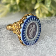 Charger l'image dans la galerie, Rare Georgian Pinchbeck Gold & Jasperware Cupid Pendant. Early Josiah Wedgwood Blue Jasper Ware Fob Style Pendant. Antique Georgian Jewelry