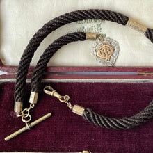 Cargar imagen en el visor de la galería, Antique English Braided Hair Watch Chain With Silver & Gold Pendant Fob. Victorian/Edwardian Albertina Pocket Watch Chain, Dog Clip, T-Bar.
