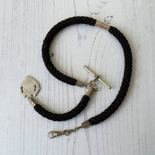 Cargar imagen en el visor de la galería, Antique English Braided Hair Watch Chain With Silver & Gold Pendant Fob. Victorian/Edwardian Albertina Pocket Watch Chain, Dog Clip, T-Bar.