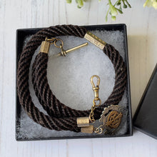 Cargar imagen en el visor de la galería, Antique English Braided Hair Watch Chain With Silver & Gold Pendant Fob. Victorian/Edwardian Albertina Pocket Watch Chain, Dog Clip, T-Bar.
