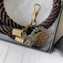Cargar imagen en el visor de la galería, Antique English Braided Hair Watch Chain With Silver & Gold Pendant Fob. Victorian/Edwardian Albertina Pocket Watch Chain, Dog Clip, T-Bar.