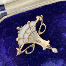 Carica l'immagine nel visualizzatore di Gallery, Antique Art Nouveau Plique A Jour Enamel Brooch. Gold Silver Gilt, Pink Tourmaline & Pearl Drop Brooch. Levinger Bissinger Jewelry, Germany