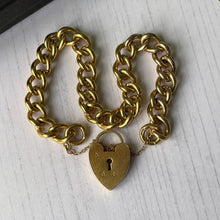 Cargar imagen en el visor de la galería, Antique 9ct Gold Curb Link Bracelet with Heart Padlock Clasp. 9ct Gold, Metal Core Chunky Chain Bracelet. Vintage Sweetheart Bracelet.