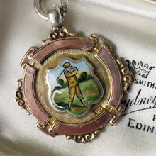 Charger l'image dans la galerie, Antique 9ct Gold, Silver & Enamel Fob Pendant. Superb Vintage Golfer Fob, Northern Goldsmiths, Hallmarked Chester 1936. Art Deco Pendant Fob
