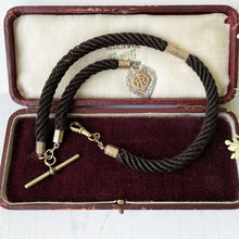 Cargar imagen en el visor de la galería, Antique English Braided Hair Watch Chain With Silver & Gold Pendant Fob. Victorian/Edwardian Albertina Pocket Watch Chain, Dog Clip, T-Bar.