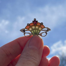 Carica l'immagine nel visualizzatore di Gallery, Antique Art Nouveau Plique A Jour Enamel Brooch. Gold Silver Gilt, Pink Tourmaline & Pearl Drop Brooch. Levinger Bissinger Jewelry, Germany