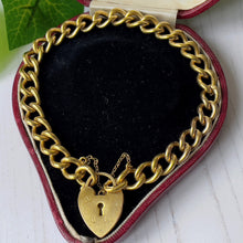 Cargar imagen en el visor de la galería, Antique 9ct Gold Curb Link Bracelet with Heart Padlock Clasp. 9ct Gold, Metal Core Chunky Chain Bracelet. Vintage Sweetheart Bracelet.