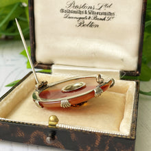 Cargar imagen en el visor de la galería, Victorian Scottish Banded Agate & Citrine Brooch. Antique Silver, Gold Gilt Celtic Shield Cairngorm Brooch