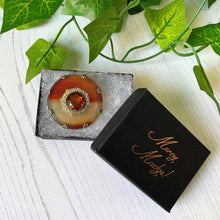 Cargar imagen en el visor de la galería, Victorian Scottish Banded Agate & Citrine Brooch. Antique Silver, Gold Gilt Celtic Shield Cairngorm Brooch