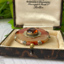 Cargar imagen en el visor de la galería, Victorian Scottish Banded Agate & Citrine Brooch. Antique Silver, Gold Gilt Celtic Shield Cairngorm Brooch