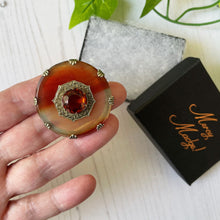 Cargar imagen en el visor de la galería, Victorian Scottish Banded Agate & Citrine Brooch. Antique Silver, Gold Gilt Celtic Shield Cairngorm Brooch