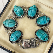 Charger l'image dans la galerie, Antique Art Deco Silver Egyptian Revival Scarab Bracelet. 1920s Blue Egyptian Faience Pottery Amulet Bracelet with Hieroglyph Clasp & Box