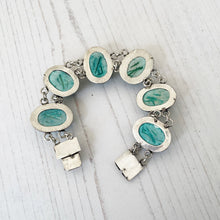 Charger l'image dans la galerie, Antique Art Deco Silver Egyptian Revival Scarab Bracelet. 1920s Blue Egyptian Faience Pottery Amulet Bracelet with Hieroglyph Clasp & Box