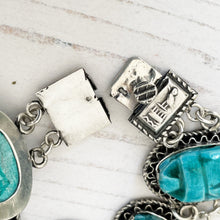 Charger l'image dans la galerie, Antique Art Deco Silver Egyptian Revival Scarab Bracelet. 1920s Blue Egyptian Faience Pottery Amulet Bracelet with Hieroglyph Clasp & Box