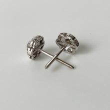 Cargar imagen en el visor de la galería, Antique Platinum & Diamond Stud Earrings. 1920s Art Deco Diamond Solitaire Flower Earrings with Antique Box