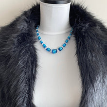 Cargar imagen en el visor de la galería, Antique Venetian Foil Glass Necklace. 1920s Art Deco Silver & Gold Leaf Murano Glass Bead Collar Necklace. Electric Blue Cube Bead Necklace