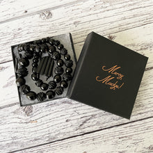 Cargar imagen en el visor de la galería, Antique Whitby Jet Carved Rose Albertina/Albert Pocket Watch Chain With Bellflower Fob. Victorian Mourning Bracelet/ Short Necklace.