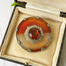 Cargar imagen en el visor de la galería, Victorian Scottish Banded Agate & Citrine Brooch. Antique Silver, Gold Gilt Celtic Shield Cairngorm Brooch