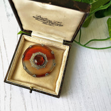 Cargar imagen en el visor de la galería, Victorian Scottish Banded Agate & Citrine Brooch. Antique Silver, Gold Gilt Celtic Shield Cairngorm Brooch