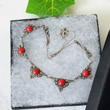 Cargar imagen en el visor de la galería, Antique Art Deco Mediterranean Coral & Silver Necklace. 1920s Red Coral Italian 935 Silver Necklace. Art Nouveau Arabesque Panel Necklace