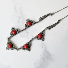 Cargar imagen en el visor de la galería, Antique Art Deco Mediterranean Coral & Silver Necklace. 1920s Red Coral Italian 935 Silver Necklace. Art Nouveau Arabesque Panel Necklace