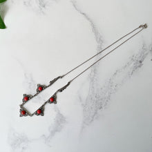 Cargar imagen en el visor de la galería, Antique Art Deco Mediterranean Coral & Silver Necklace. 1920s Red Coral Italian 935 Silver Necklace. Art Nouveau Arabesque Panel Necklace