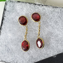 Cargar imagen en el visor de la galería, Vintage 18ct Gold Bohemian Garnet Earrings. Art Deco Revival Red Garnet Pendant Earrings. Cushion & Oval Cut Gold Dangle Earrings