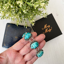 Charger l'image dans la galerie, Antique Art Deco Silver Egyptian Revival Scarab Bracelet. 1920s Blue Egyptian Faience Pottery Amulet Bracelet with Hieroglyph Clasp & Box