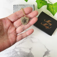 Load image into Gallery viewer, Gold Victorian Heart Shaped Shield Locket. Antique Scottish Carnelian 2 Sided Locket. Engraved Photo Locket & Chain. Scottish Agate Locket