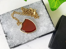 Load image into Gallery viewer, Gold Victorian Heart Shaped Shield Locket. Antique Scottish Carnelian 2 Sided Locket. Engraved Photo Locket & Chain. Scottish Agate Locket