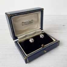 Cargar imagen en el visor de la galería, Antique Platinum & Diamond Stud Earrings. 1920s Art Deco Diamond Solitaire Flower Earrings with Antique Box