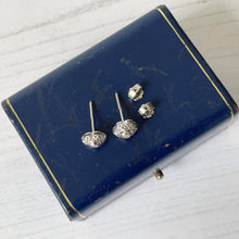 Cargar imagen en el visor de la galería, Antique Platinum & Diamond Stud Earrings. 1920s Art Deco Diamond Solitaire Flower Earrings with Antique Box