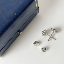 Cargar imagen en el visor de la galería, Antique Platinum & Diamond Stud Earrings. 1920s Art Deco Diamond Solitaire Flower Earrings with Antique Box