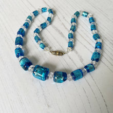 Cargar imagen en el visor de la galería, Antique Venetian Foil Glass Necklace. 1920s Art Deco Silver & Gold Leaf Murano Glass Bead Collar Necklace. Electric Blue Cube Bead Necklace