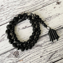Cargar imagen en el visor de la galería, Antique Whitby Jet Carved Rose Albertina/Albert Pocket Watch Chain With Bellflower Fob. Victorian Mourning Bracelet/ Short Necklace.