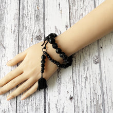 Cargar imagen en el visor de la galería, Antique Whitby Jet Carved Rose Albertina/Albert Pocket Watch Chain With Bellflower Fob. Victorian Mourning Bracelet/ Short Necklace.