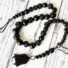 Cargar imagen en el visor de la galería, Antique Whitby Jet Carved Rose Albertina/Albert Pocket Watch Chain With Bellflower Fob. Victorian Mourning Bracelet/ Short Necklace.