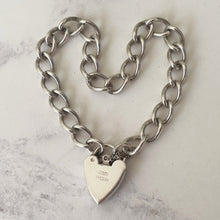 Carica l'immagine nel visualizzatore di Gallery, Vintage Silver Heart Padlock Bracelet. Victorian Style Sterling Silver Curb Chain Bracelet. English Watch Chain Bracelet, Hallmarked 1971
