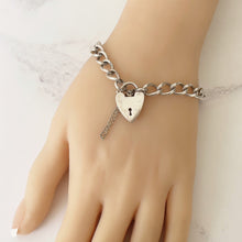 Carica l'immagine nel visualizzatore di Gallery, Vintage Silver Heart Padlock Bracelet. Victorian Style Sterling Silver Curb Chain Bracelet. English Watch Chain Bracelet, Hallmarked 1971