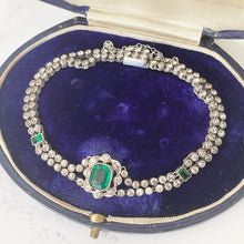 Cargar imagen en el visor de la galería, Antique Art Deco Paste Diamond & Emerald Bracelet. 1920s Sterling Silver Articulated Bracelet. Emerald Cut Green Gemstone Bracelet.