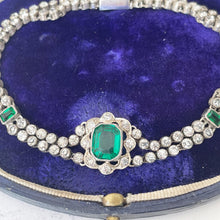 Cargar imagen en el visor de la galería, Antique Art Deco Paste Diamond & Emerald Bracelet. 1920s Sterling Silver Articulated Bracelet. Emerald Cut Green Gemstone Bracelet.