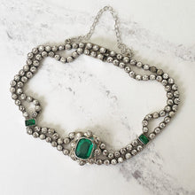 Cargar imagen en el visor de la galería, Antique Art Deco Paste Diamond & Emerald Bracelet. 1920s Sterling Silver Articulated Bracelet. Emerald Cut Green Gemstone Bracelet.