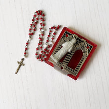 Cargar imagen en el visor de la galería, Antique Czech Red Glass Pocket Shrine With Rosary & Sacred Heart Jesus Statue. Vatican Double Window Devotional Catholic Miniature Shrine