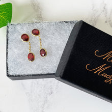 Cargar imagen en el visor de la galería, Vintage 18ct Gold Bohemian Garnet Earrings. Art Deco Revival Red Garnet Pendant Earrings. Cushion & Oval Cut Gold Dangle Earrings