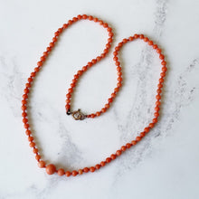 Cargar imagen en el visor de la galería, Antique Red Coral Graduated Bead Necklace. 1920s Salmon Pink Natural Mediterranean Coral Necklace, Hand Knotted, Gold Clasp, 16-1/2" 46cm