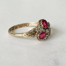 Cargar imagen en el visor de la galería, Antique Georgian Rhodolite Garnet & Pearl Gold Ring. Rose Pink Garnet Floral Cluster Ring. 12 Carat Gold Pansy Ring, Hallmarked For 1816